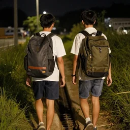 two teenagers wearing large backpacks walking through a drainage ditch at night