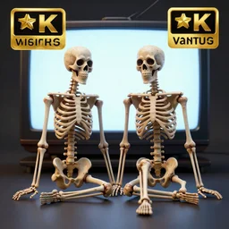 a couple of skeleton figurines sitting in front of a tv, a 3 d render by peter snow, cg society contest winner, vanitas, rendered in cinema 4 d, 8 k 3 d, ultra hd