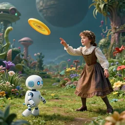 detailed, sharp, a boy and a girl playing frisbee with their cute pet humanoid robot, wearing 1880s era clothes, in the garden on a strange planet with strange alien plants and flowers growing, extremely highly detailed,  70 mm action still from a blockbuster period sci fi color movie, 4k, HD, cinematic lighting