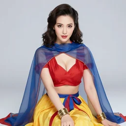 Full portrait of Elementalist, female, gorgeous, beautiful face, Red and blue garments, yellow robes, brass bracelets, transparent cloak from neck to ankles, pin-up, surrounded by fire, ice and thunder, highly detailed, smooth, sharp focus, digital painting, illustration, by by Albert Aublet, Krenz Cushart, WLOP and Sakimichan, artstation