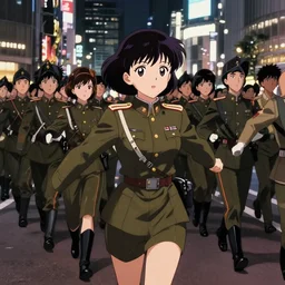 anime visual, portrait of women like reol from a distance wearing a retro military uniform marching down the street in shibuya at night, cute face by yoh yoshinari, alphonse mucha, dynamic perspective pose, rounded eyes, moody, psycho pass, kyoani, gustav klimt, cel shade, ilya kuvshinov