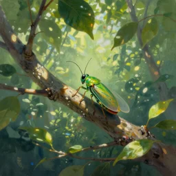 beautiful fantasy painting of one green insect on a tree branch among many leaves, dappled sunlight, colorful, fantasy, by greg rutkowski, trending on artstation