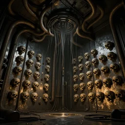 creepy cinematic low angle shot of a realistically rendered metal room with tubes and cables coming out of the ceiling and a wall of skulls, matte painting, illustration, dramatic lighting, moody lighting, dark colors, golden ratio, rule of thirds, environmental design, cinematic perspective, 8 k, realistic lighting, realistic shading, octane render, predator 2, lawrence paull production design