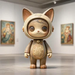 3 d octane render ultra 8 k photorealistic hyper detailed, trending on cgsociety, in a contemporary art gallery, lossless quality, wooden on feet art toys, a very cute mystical sculpture robot of the bohemian with cats ears, by alphonse mucha