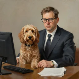 a serious welsh spaniel wearing glasses in a business suit at a desk, man - dog, a realistic oil painting