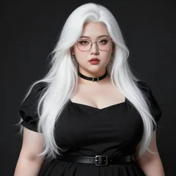 beautiful curvy female, face of soyeon, long white hair, glasses, black dress with belt around waist, white undershirt, silver earrings, silver jewellery, black choker, highly detailed, digital painting, perfect face, smooth, sharp focus, art by artgerm, bouguereau, chiaroscuro, tom bagshaw, anna dittman, octane render, medium long shot