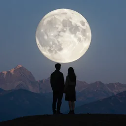 a beautiful silhouttee of couple against full moon, wide angle shot, professionally retouched, soft lighting, realistic, on the mountains, sharp focus, 8 k high definition, insanely detailed, intricate, art by artgerm and wlop