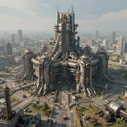 created by jan urschel and neil blevins, science fiction, mechanical fortress, very huge castle, 4 k images rendered by blender, futuristic landscape, industrial development, industrial machinery, urban agglomeration, atmosphere, film lens, clear brush strokes