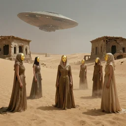 the long - shot of bene gesserit women in full - face golden glowing masks seeing the abandoned buildings under the sand in lovecraftian desert, alien spaceship in the sky, film still from the movie directed by alejandro jodorowsky with cinematogrophy of christopher doyle and art direction by hans giger, anamorphic lens, kodakchrome, very detailed photo, 8 k,