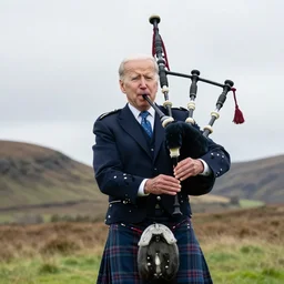 joe biden wearing a kilt and playing a bagpipe in the scottish highlands, 8 k, very detailed,