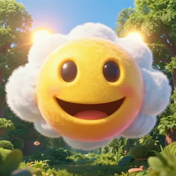 fantastical vibrant 😀 emoji - shaped cloud with holes for eyes and mouth, in a nature scene by marc adamus, euphoric, dreamlike, high definition, sun breaking behind the 😀 emoji, cheerful, rave art