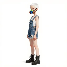 a grungy woman with short white shaved hair, soft eyes and narrow chin, dainty figure, torn overalls, short shorts, combat boots, rainbow dust mask, basic white background, side boob, symmetrical, single person, style of by jordan grimmer and greg rutkowski, crisp lines and color,