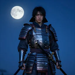“a samurai warrior, highly detailed, cinematic, 4k, uhd” “moonlight, broken armour, midnight blue cloak, fluttering in the wind” “by H.R. Giger