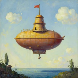 tower airship, john harris, whimsical painting