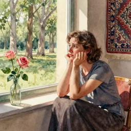 watercolor, a woman with her hands dragging her chin, sorrowfully sits by a window, looking out into the distance, a grove of french sycamores in the distance. roses are placed by the window, and a persian tapestry hangs on the wall, by steve hanks, warm lighting, strong shadows