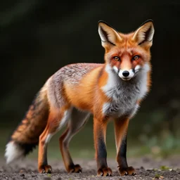 A flaming fox standing and posing for the photo, dark background