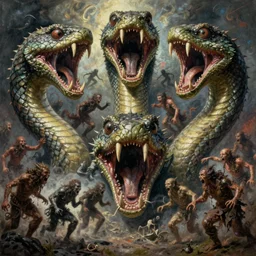 hyper - detailed high painting of giant heads joined by snakes, the heads are open they have spiked scales and sharp teeth, the mouth is open and monstrous beings of all kinds run and scream, horror surreal art cosmic horror weird bizarre art