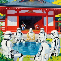 close - up image of a japanese red house with a pond, with stormtroopers sitting around it, a combination of pop - art and traditional japanese painting styles, the style of andy warhol, roy lichtenstein and jackie tsai, bright palette, acrylic on canvas