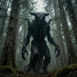 dark eldritch monster in a swedish forest, very low angle photograph, very detailed, trending on artstation, realistic, soft colors, simon stålenhag, lovecraft, horror