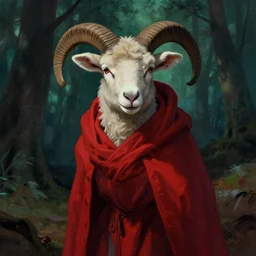 a lamb wearing red robes by greg rutkowski, deep colors and dark shadows, forest background, ambient glow, cultist