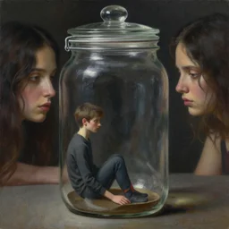 a tiny man sitting inside a jar. beautiful detailed dramatic painting by artgerm and magali villanueve and michael whelan