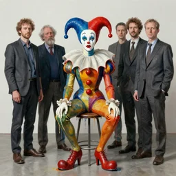 portrait of a morphed harlequin sitting on a stool by james jean and luc tuymans and vincent lefevre and hernan bas and pat steir and hilma af klint, psychological, dripping paint, high quality render, masterpiece