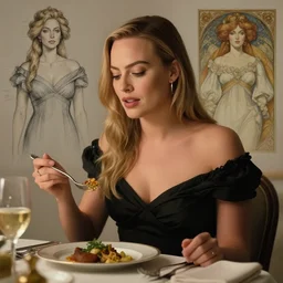 margot robbie eating dinner, character sheet, character design, contrast, deep focus, turnaround, highly detailed, dramatic lighting, digital painting, artstation, concept art, matte, sharp focus, illustration, elegant, art by artgerm and greg f and alphonse mucha.