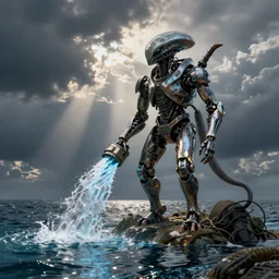 An alien mech draining water from the ocean, by greg rutkowski