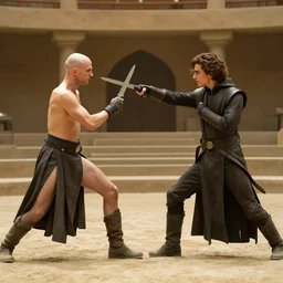 choreographed_knife_fight  between two people, bald_hairless_Austin_Butler and Timothee_Chalamet_as_Paul_Atreides, in an arena pit, film still from movie Dune-2021, golden ratio