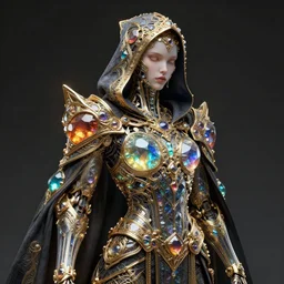 cybernetic crystal assassin, award winning concept art, realistic, smooth matte, intricate linework, beautiful spectrum of colorful gems on dark intricate armor cloak, cyborg, clear focus portrait, glowing, baroque, hooded, ornate!!! golden, futuristic, detailed, moody, magical, wlop, chebokha, rutkowski, artgerm, shinkai