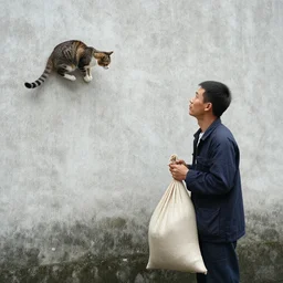 a man with a sack, ready to catch the cat on the wall by wenjun lin