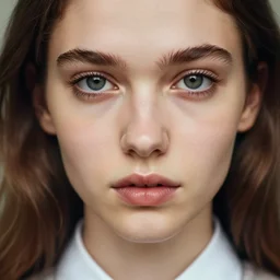 “ attractive beautiful brown hair young caucasian model close up wearing shirt, soft, cute, 1 9 6 0 ’ s fashion, 1 5 0 mm f 2. 8, extreme close up face shot, hasselblad, art, brian ingram, david lazar, lisa kristine, steve mccurry, high quality, symmetrical face, clear skin, 4 k, dramatic lighting, award winning ”