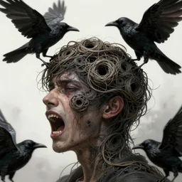 nest on human head, open mouth, cruelty, pain, black crows, light effect, hyper detailed, intricate, elegant, highly detailed, digital painting, artstation, concept art, matte, sharp focus, illustration, by dan mumford, yusuke murata, makoto shinkai, ross tran