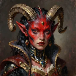 painted close - up portrait of a very attractive red - skinned intimidating demon i robot girl with ram horns! oil painting, wearing a noblewoman's outfit, fantasy art by john singer sargent and gaston bussiere and james jean and greg rutkowski, demon noble character design, hd