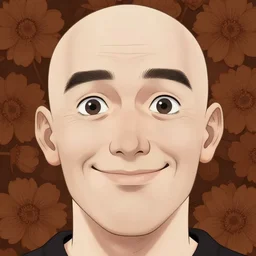 a white young man with a big smile, prominent big eyes, wise forehead, big lips, round portruding chin, background full of brown flowers, standout colours, thin sharp lines, digital painting, artstation, matte, sharp focus, illustration, realistic anime moe artstyle