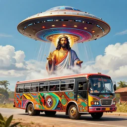 UFO hovering over an African Jesus , clouds, colorful, in the style of Nigerian bus art,
