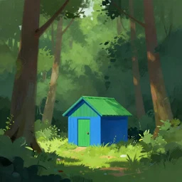 blue and green small hut in the middle of forest by bob eggleton, digital art, concept art
