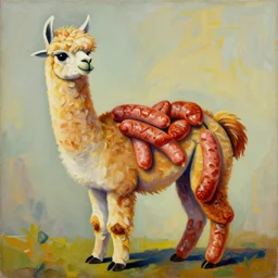 an abstract painting of an alpaca, the body is made out of delicious sausages, frankfurters. foodblog nature magazine in the style of dali
