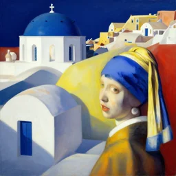 abstract houses like santorini by yves tanguy and vermeer, dramatic lighting, analogous complementary colour scheme, vivid colours