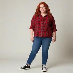 photograp of a plus-size redhead woman wearing jeans, black converse shoes, and a red tartan shirt