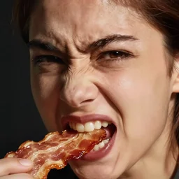 closeup headshot photo of the person who hates bacon and is eating bacon angrily, face details
