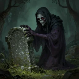 a creepy ghoul guarding a tombstone, WLOP, concept art, digital painting, trending on artstation, highly detailed, 8k UHD, artgerm