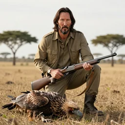 Very Realistic photograph Keanu Reeves, dressed in safari outfit, posing with a hunting rifle over a dead gryphon, in the Savanna plains at 1:00 pm