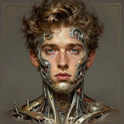 symmetry!! austin butler, male, machine parts embedded into face, intricate, elegant, highly detailed, digital painting, artstation, concept art, smooth, sharp focus, illustration, art by artgerm and greg rutkowski and alphonse mucha, 8 k