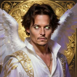 johnny depp!! angel of battle lucius wearing a white periwinkle, sci fi, glowing eyes, volumetric lights, gold theme, art nouveau botanicals, intricate, highly detailed, digital painting, artstation, concept art, smooth, sharp focus, cinematic, illustration, beautiful face, art by artgerm and greg rutkowski and alphonse mucha