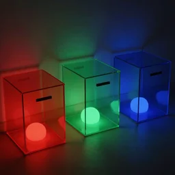3 boxes in a room, on the left red, in the middle green, and on the right blue, each box is transparent, dim ambient light in room, radient quality