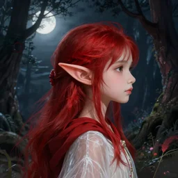 tiny brush side portrait headshot high-fantasy elf girl with detailed pointed sharp long ears, translucent off-white gown and red cloak, fantasy forest landscape, moonshine, fantasy magic, feathery red hair, dark light night, intricate, elegant, sharp focus, illustration, highly detailed, digital painting, concept art, matte, art by WLOP and Artgerm and Greg Rutkowski and Alphonse Mucha, masterpiece