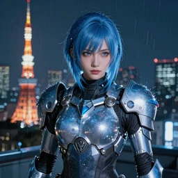 An hyperrealistic portrait painting of a cyber warrrior girl, no face mask, blue and ice silver color armor, ultradetailed face expression by WLOP and Nixeu, cyberpunk color feel raining at tokyo midnight rooftop, unreal 5, DAZ, 8k, hyperrealistic, octane render, cosplay, RPG portrait, final fantasy artwork concept, dramatic lighting, rim lights, PS5 render quality