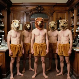 realistic photo portrait of the team, brown mustard cotton fluffy shorts, crow mask face, wooden polished and fancy expensive wooden science laboratory hall interior 1 9 9 0, life magazine reportage photo, twin peaks by david lynch