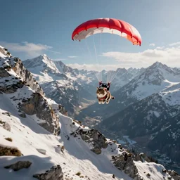 screenshot of a cat parachuting down the mountainside in the alps